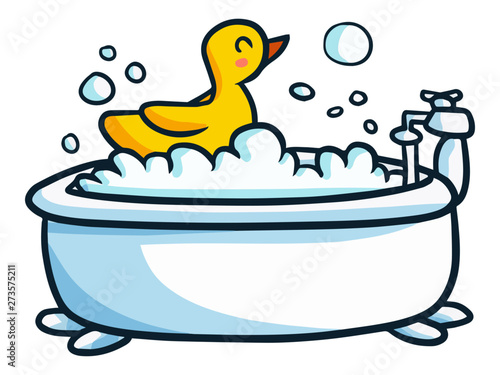 Cute and funny rubber duck on bathtub - vector.