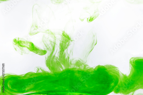 diluted transparent green paint in water on white background