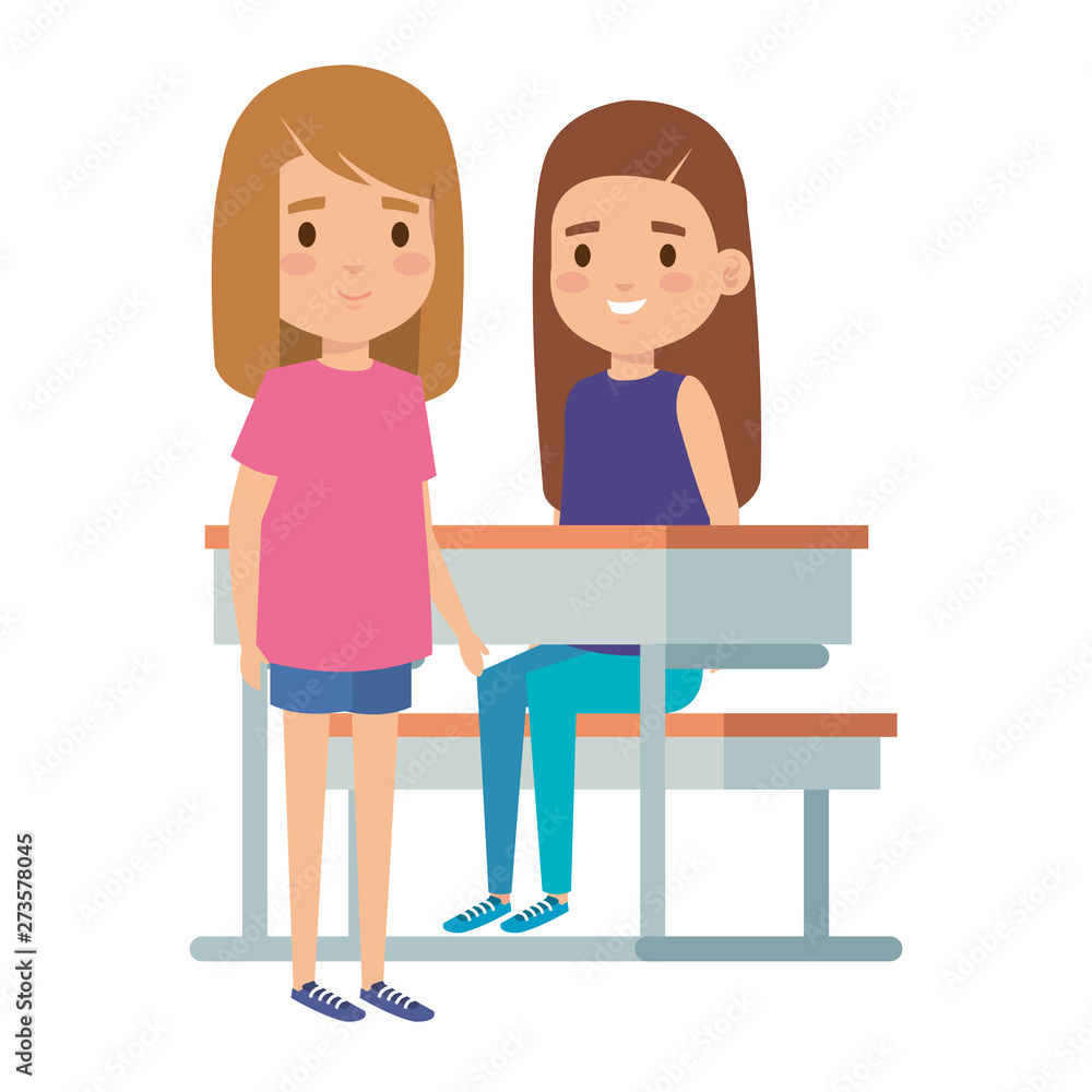 cute little students girls in school desk