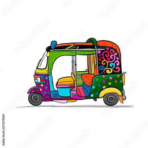 Tuktuk, motorbike asian taxi. Sketch for your design