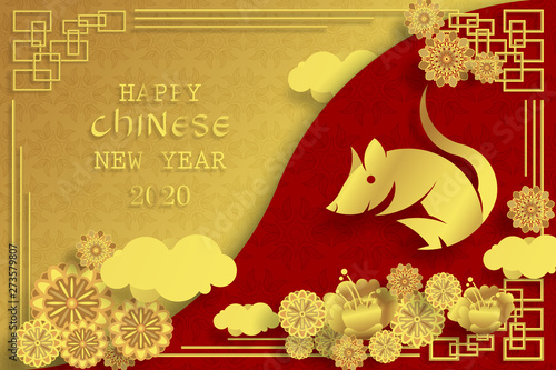 Chinese new year 2020 greeting card wth cute rat, zodiac sign, paper cut style on half red and gold background.