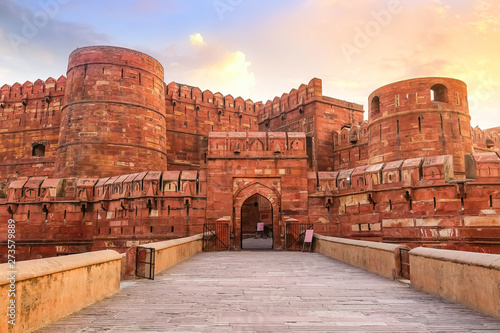 Agra Fort - Historic red sandstone fort of medieval India at sunrise. Agra Fort is a UNESCO World Heritage site in the city of Agra India. photo