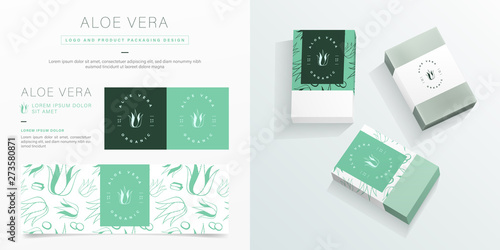 Aloe vera logo and packaging design template. Aloe vera soap package mockup created by vector. Hand drawn aloe vera pattern for branding and corporate identity.