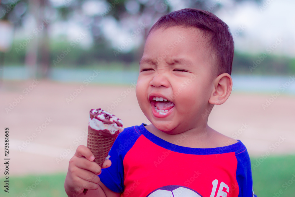 Cute Toddler boy Eating Ice-Cream. asian little children are happiness  and funny in park at thailand