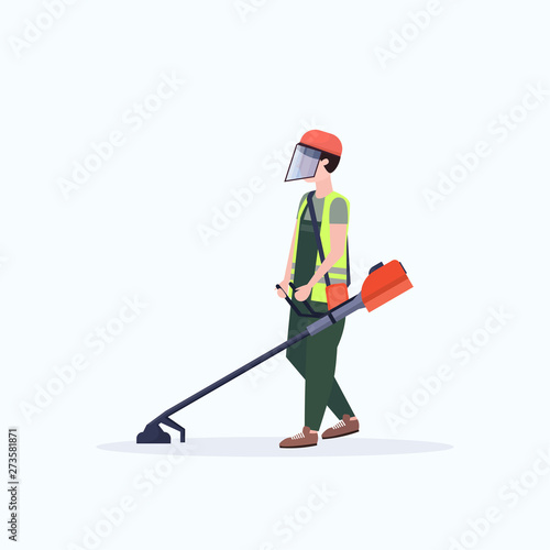 man gardener in uniform cutting grass with brush cutter gardening concept flat full length white background