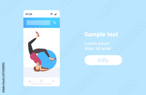 pregnant woman standing on head doing exercises with gymnastic ball workout fitness pregnancy healthy lifestyle concept smartphone screen mobile application full length flat horizontal copy space