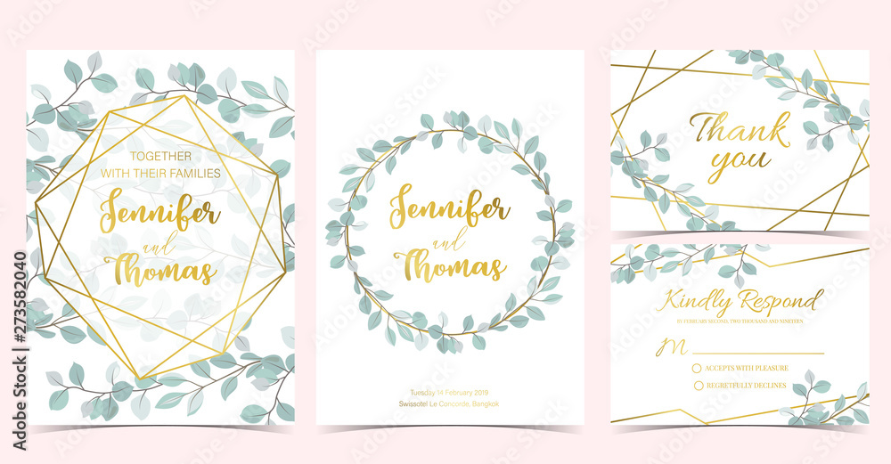 Geometry wedding invitation with wreath and leaves.Vector birthday invitation for kid and baby