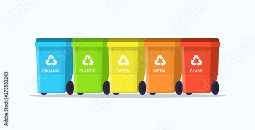 rubbish containers different types of recycling bins segregate waste sorting management environment protection concept flat horizontal vector illustration