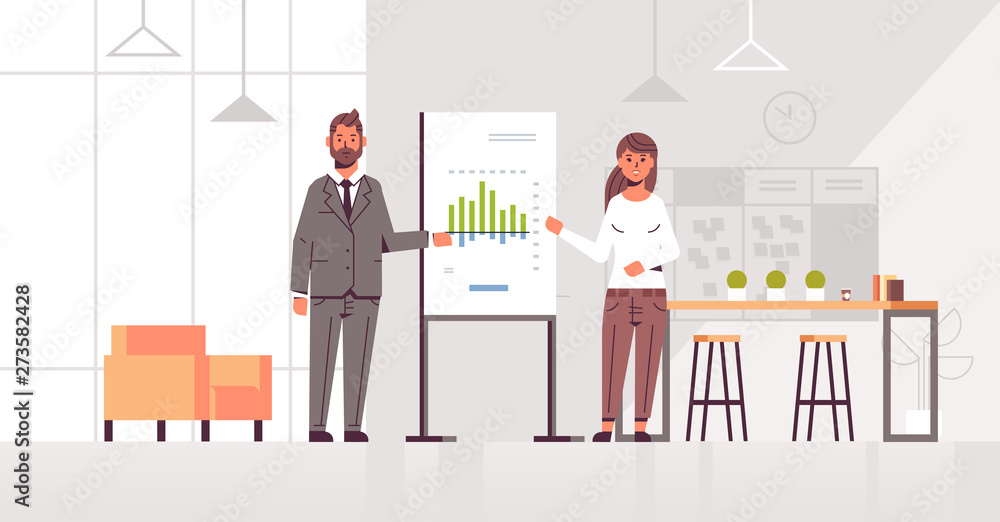 coworkers presenting financial graph on flip chart board business couple man woman at seminar conference meeting making presentation concept modern office interior flat full length horizontal