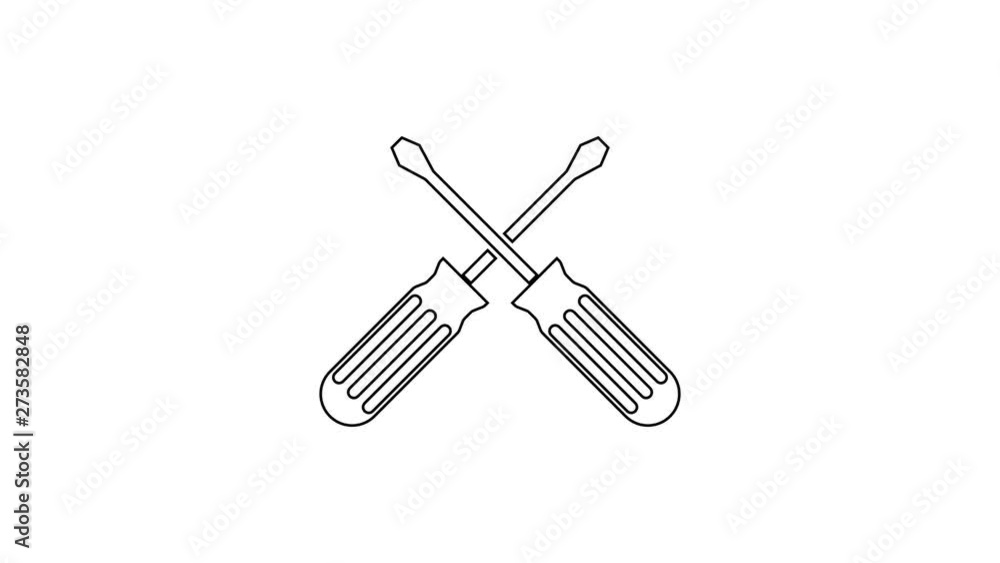 Black Crossed screwdrivers line icon on white background. Service tool symbol. 4K Video motion graphic animation Black Crossed screwdrivers line icon on white background. Service tool symbol. 4K Video motion graphic animation