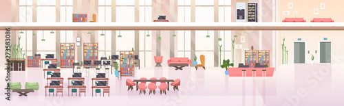 empty no people open space creative co-working center modern workplace office interior flat horizontal banner
