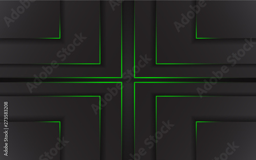 Dark abstract modern background texture. Overlap layers 3d effect wth green tech light decoration