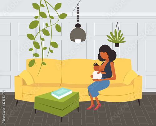 mother breastfeeding her newborn baby african american woman sitting on couch with little child motherhood nutrition lactation concept modern living room interior flat full length