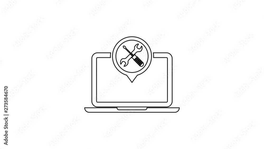 Black Laptop with screwdriver and wrench line icon on white background. Adjusting, service, setting, maintenance, repair, fixing. 4K Video motion graphic animation Black Laptop with screwdriver and wrench line icon on white background. Adjusting, service, setting, maintenance, repair, fixing. 4K Video motion graphic animation