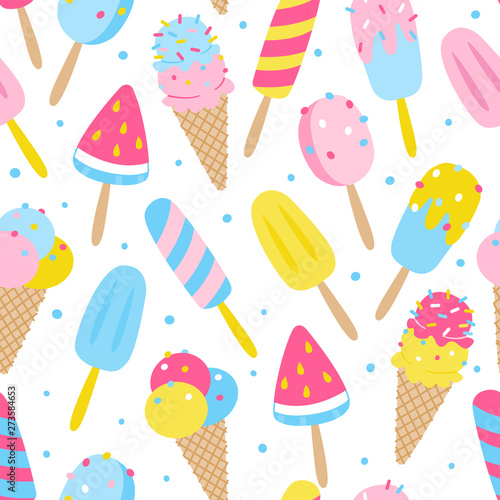 Seamless pattern with color cartoon ice cream isolated on white background - summer design