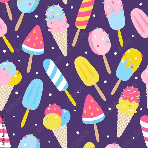 Seamless pattern with color cartoon ice cream on purple background for Your summer design