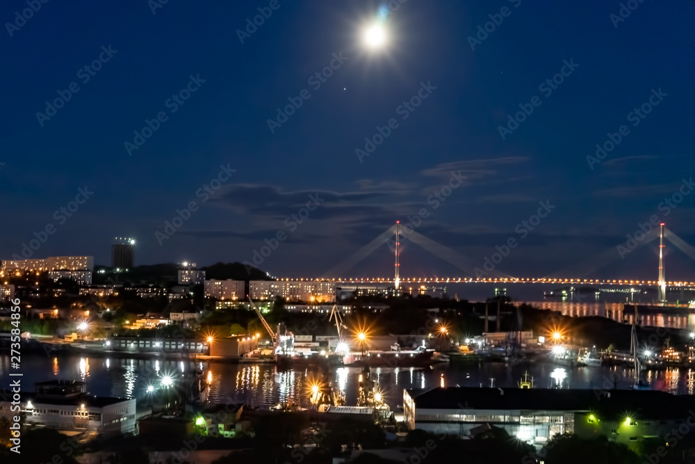 Night landscape with views of the Bay of Diomid and Russian bridge.