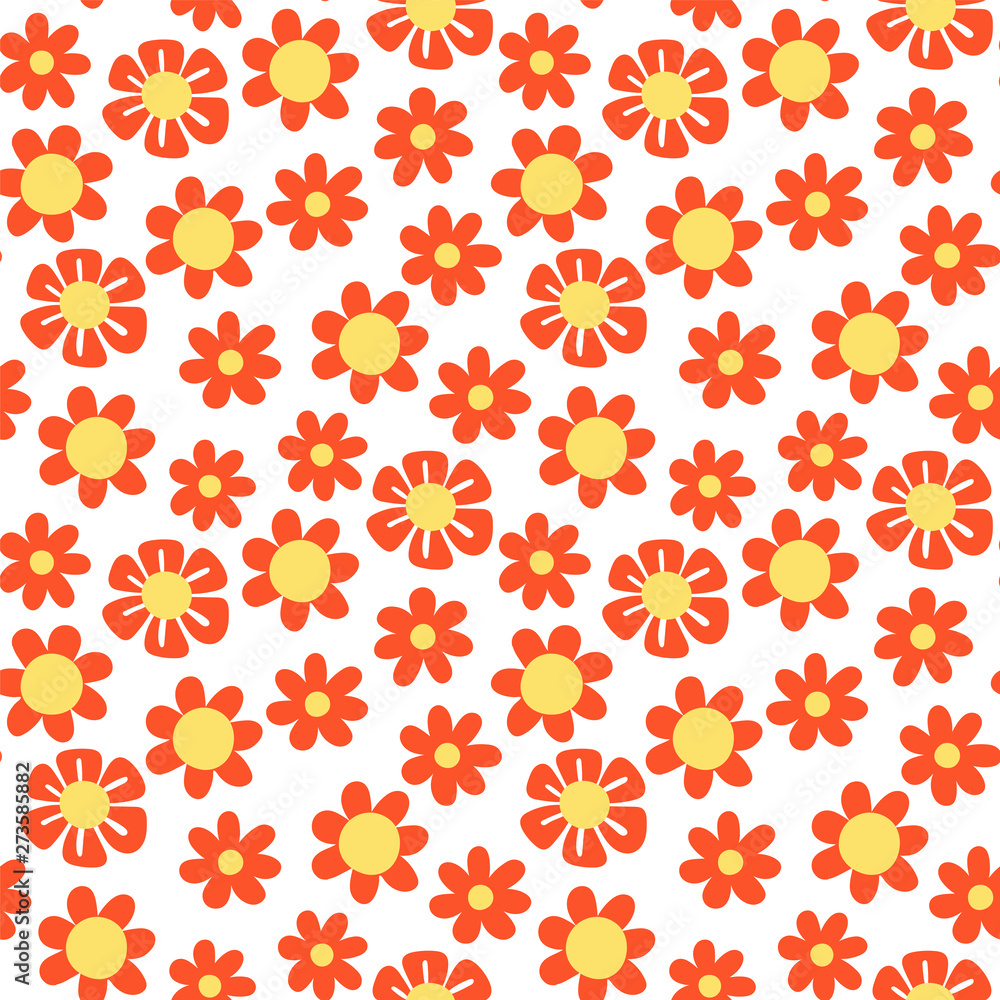 Doodle flower seamless pattern. Hand drawn sketch floral collection. Pink and yellow background