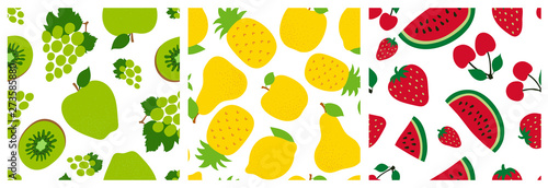 Fruit seamless pattern set. Exotic background collection. Fashion design. Grapes  kiwi  pineapple  apple  pear  strawberry  cherry and watermelon. Food print for clothes  linens or curtain. Sketch