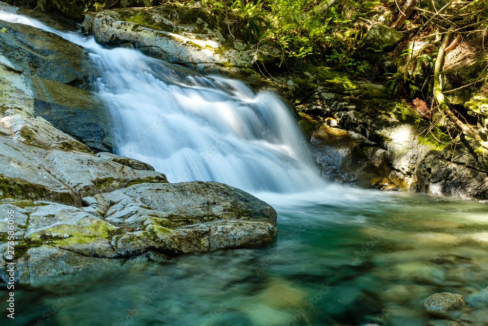 Fototapeta premium beautiful waterfall deep inside forest with water running down the creek surrounded by green trees and moss covered rocks
