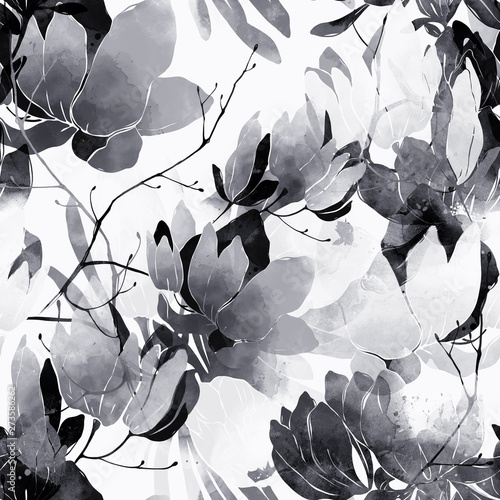 monochrome floral spring abstract rustic seamless pattern of flowers and leaves. digital hand drawn picture with