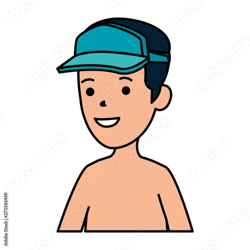 young boy shirtless with sport cap