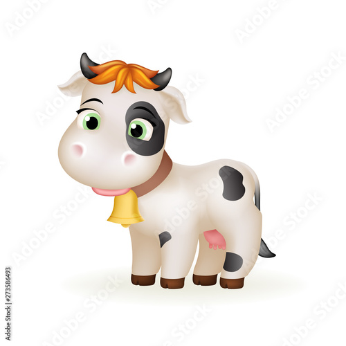 Happy farm little cartoon cute calf white cow standing mammal animal art design isolated vector illustration