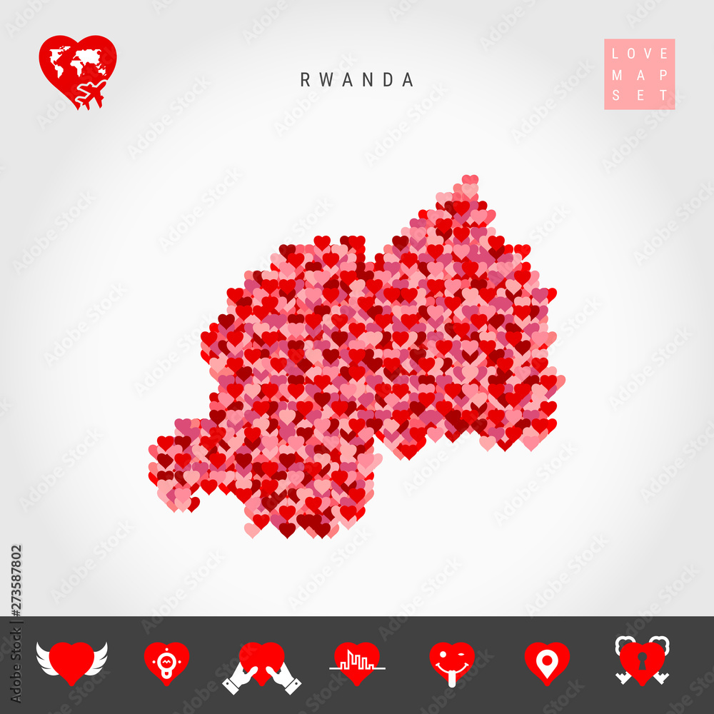 I Love Rwanda. Red and Pink Hearts Pattern Vector Map of Rwanda Isolated on Grey Background. Love Icon Set. I Love Rwanda. Red and Pink Hearts Pattern Vector Map of Rwanda Isolated on Grey Background. Love Icon Set.