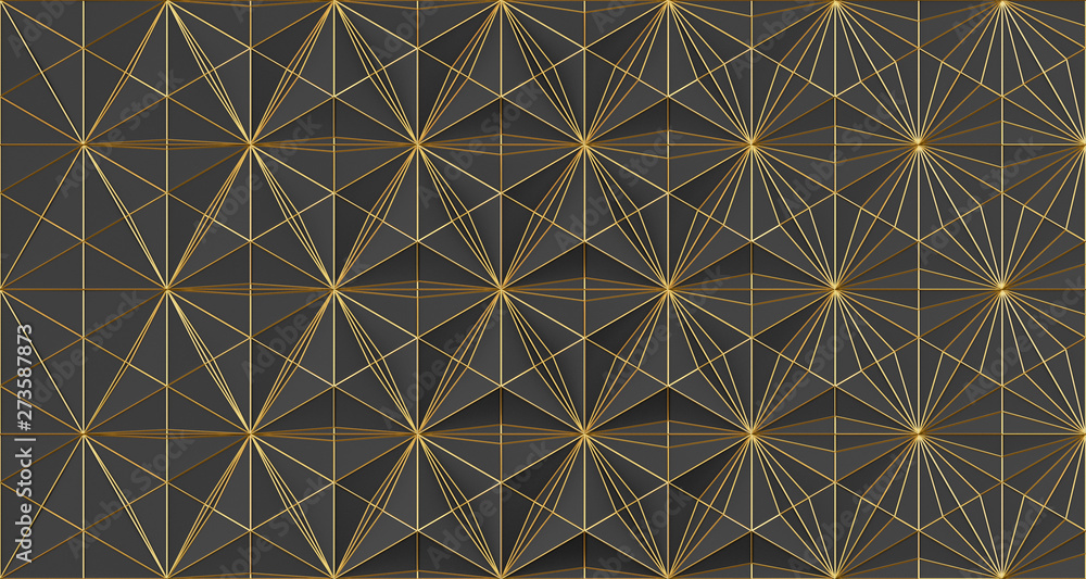 Abstract dark geometric background from many triangles of different shapes and of different sizes with a gold plesetsky faces 3D illustration