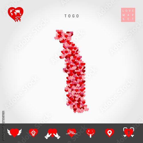 I Love Togo. Red and Pink Hearts Pattern Vector Map of Togo Isolated on Grey Background. Love Icon Set.