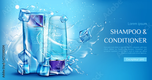 Shampoo and conditioner cosmetic bottles mockup with ice cubes and water splashes on blue background. Beauty cosmetics product for hair care, ad promo poster. Realistic 3d vector illustration, banner.