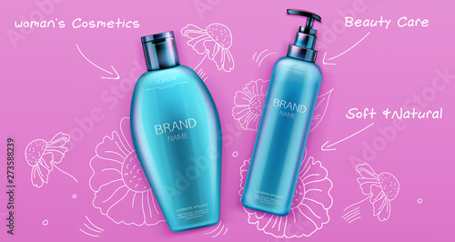 Cosmetic bottles mockup, shampoo and conditioner beauty cosmetics product for hair care on pink background with hand drawn doodle flowers, tubes package design Realistic 3d vector illustration, banner