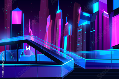 Metro entrance in night city with neon illumination, glass pedestrian overhead road. Futuristic cityscape view background. Modern town buildings exterior architecture. Cartoon vector illustration