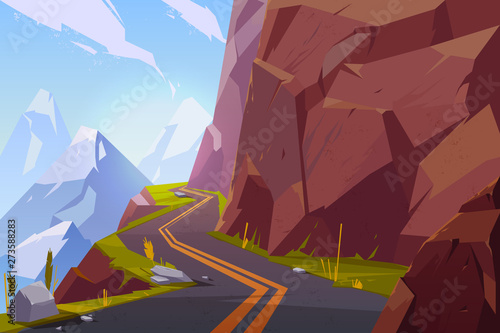 Mountain asphalt road, curly winding empty highway in rocky summer time countryside landscape. Speedway serpentine travel scenic background with hills and blue cloudy sky. Cartoon vector illustration