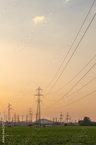 Sunset Landscape of High-voltage power lines in the land around city of Plovdiv, Bulgaria