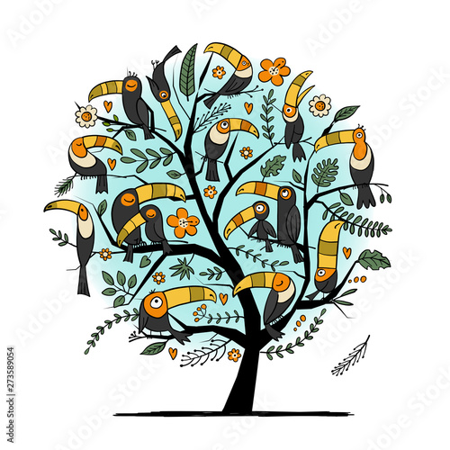Tree with toucans, paradise tropical birds for your design