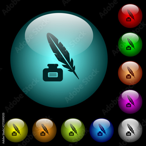 Feather and ink bottle with label icons in color illuminated glass buttons