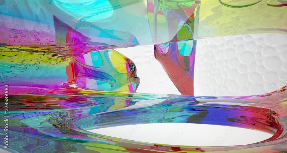 Fototapeta premium Abstract white and colored gradient glasses interior with window. 3D illustration and rendering.