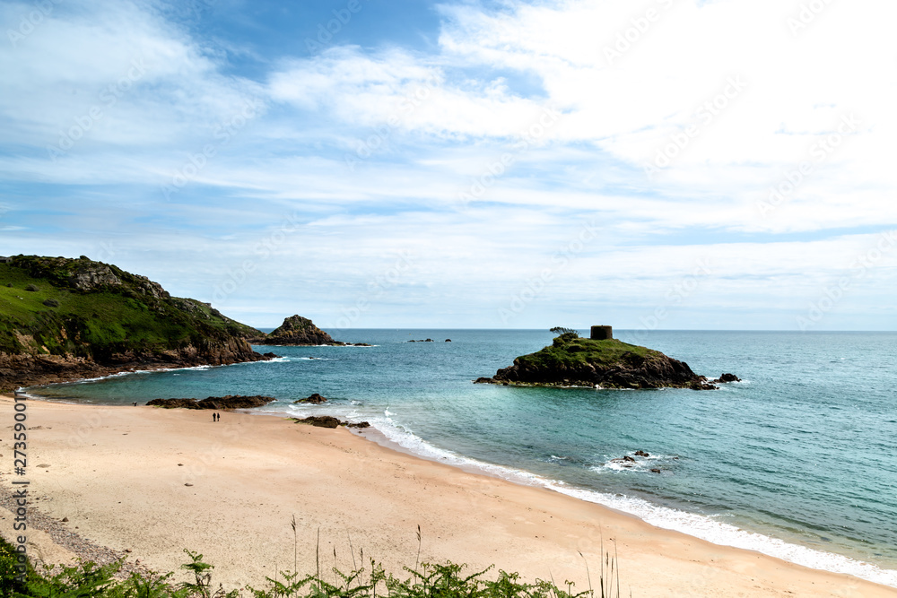 Cliffs, sea and beach on Jersey Island, UK.