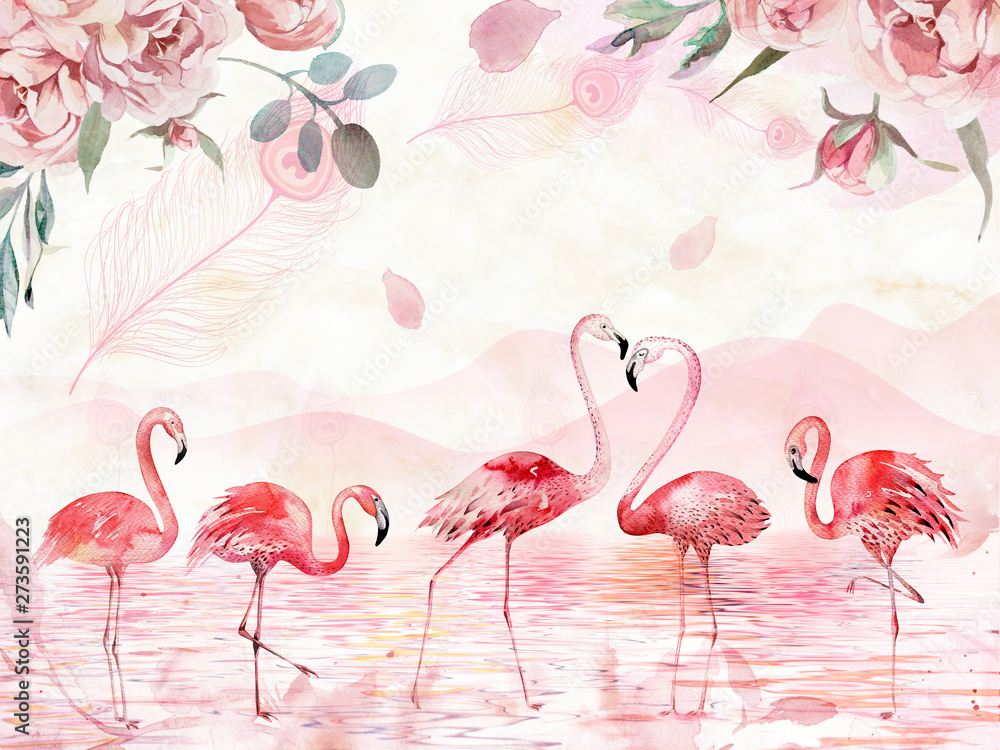 Pink landscape background, lake, hills, large roses and feathers on top, five flamingos in the foreground - obrazy, fototapety, plakaty 