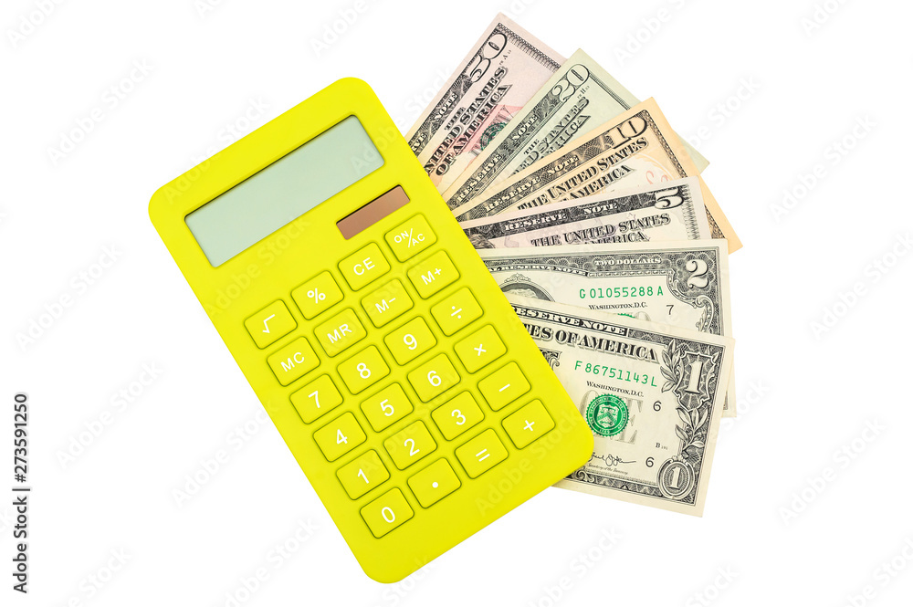 Calculator with different dollar bills on white. Calculator with different dollar bills on white.
