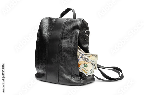 Money in pocket of backpack. Isolated on white.