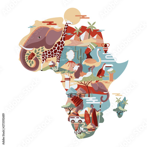 Africa map with wild life  animals and traditional culture