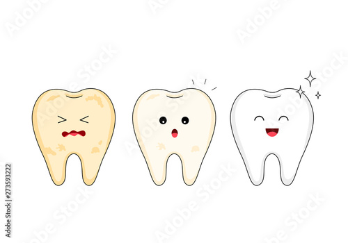 Tooth character whitening. Steps of yellow to white tooth. Dental care concept, illustration isolated on white background.