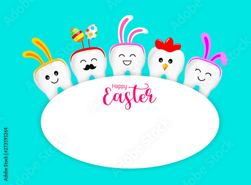 Cute cartoon tooth characters decorated with rabbit ears. hen and Easter egg. Happy Easter concept. Illustration isolated on blue background.