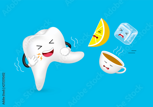 Cute cartoon sensitive tooth character attacking food and drink. Lemon, hot coffee and ice. Dental care concept. Illustration isolated on green background.