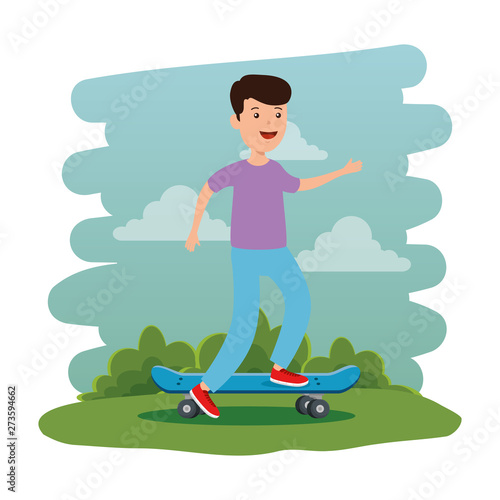 happy young boy in skateboard on the park scene