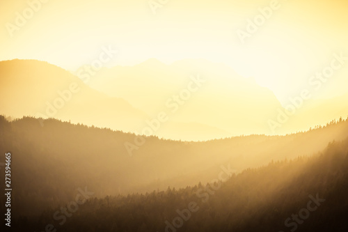 Panoramic view of the mountains in the European Alps in Austria at early morning, nature background concept