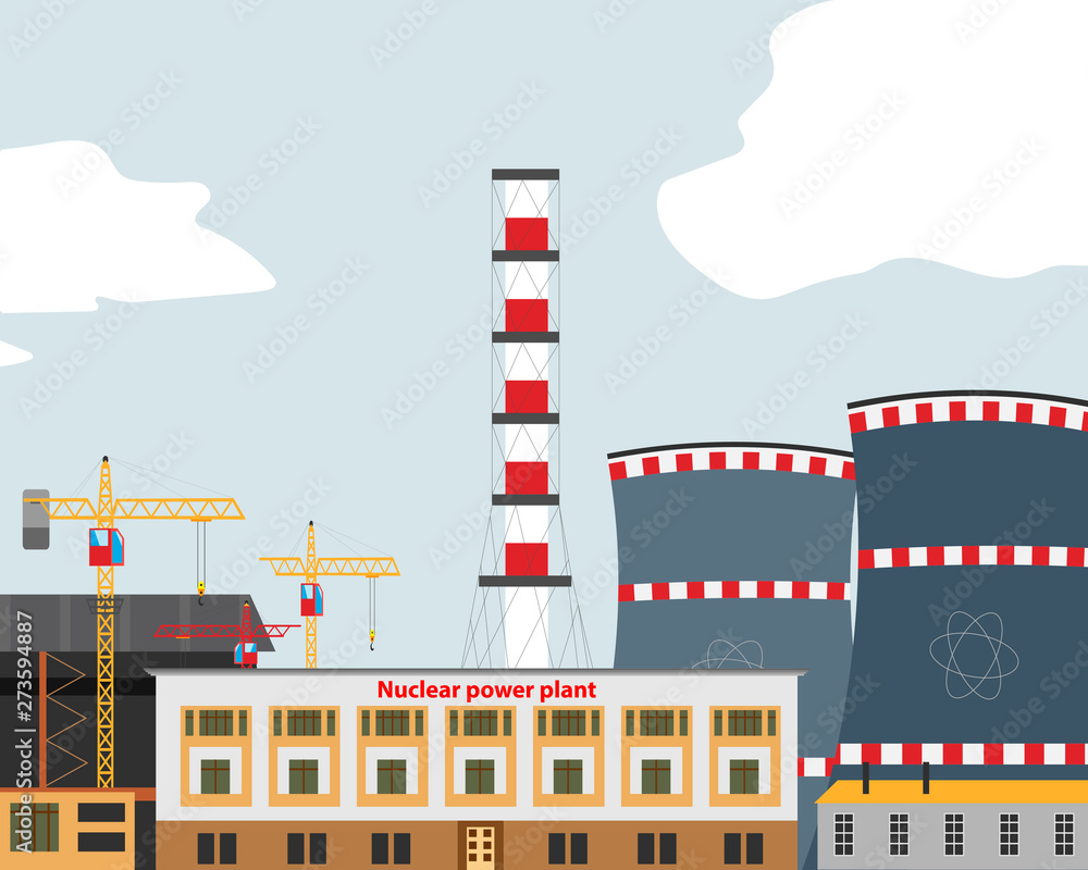 Banner with Nuclear Power Plant , Thermal Station. Nuclear Reactor. Vector Illustration