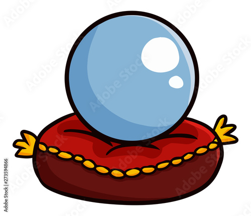 Funny and cute crystal ball on red pillow for fortune teller - vector